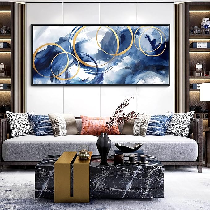AJAZIKO Blue Abstract Canvas Wall Art Modern Wall Decor Artwork for Walls Living Room Large Painting Office Pictures for Wall Navy Gold Contempor Decorations for Bedroom