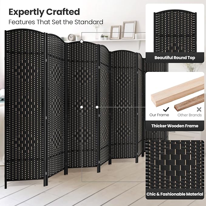 8 Panel Room Divider,6Ft Folding Privacy Screen,Tall - Extra Wide Foldable Panel Partition Wall Divider with Diamond Double-Weaved Hand-Woven Design Room Screen Divider