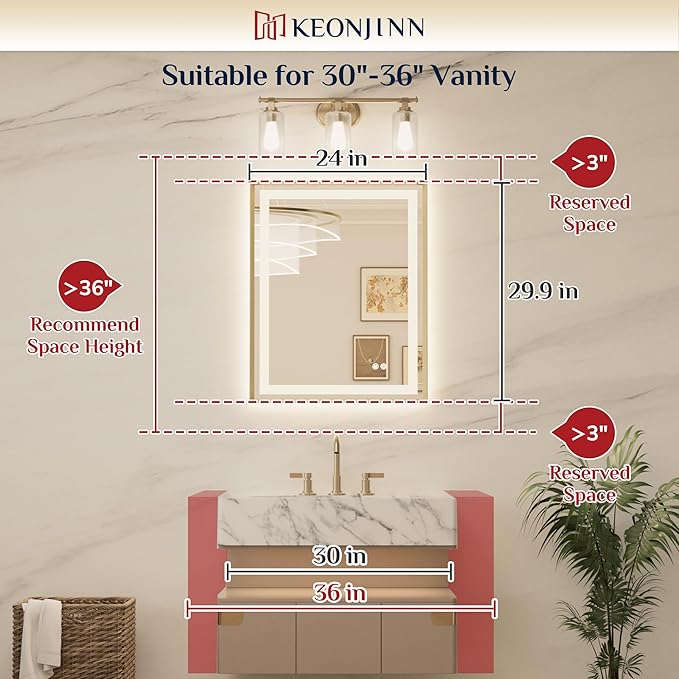 Keonjinn LED Mirror for Bathroom 24 x 30 in, Brushed Nickel Frontlit & Backlit Bathroom Mirror with Lights, Brushed Beveled Framed, Tempered Glass, UL Listed LED Driver, 3-Color Dimmable, Anti-Fog