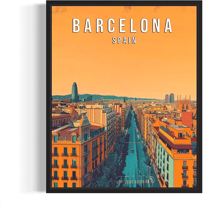 Barcelona City Spain Wall Art Poster Print, Vintage Retro Landscape Scenery Painting Artwork Travel Prints Decor Cityscape Landmarks Gallery 27 (Barcelona City Spain, 24 x 36 inches, Black Frame)
