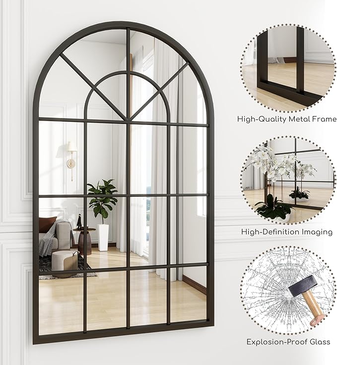Arch Wall Mirror Mounted Decorative, 31"x42", Arched Window Pane Mirror for Wall-Mounted for Entryway, Bathroom Vanity, Living Room or Bedroom, Iron Frame, Black