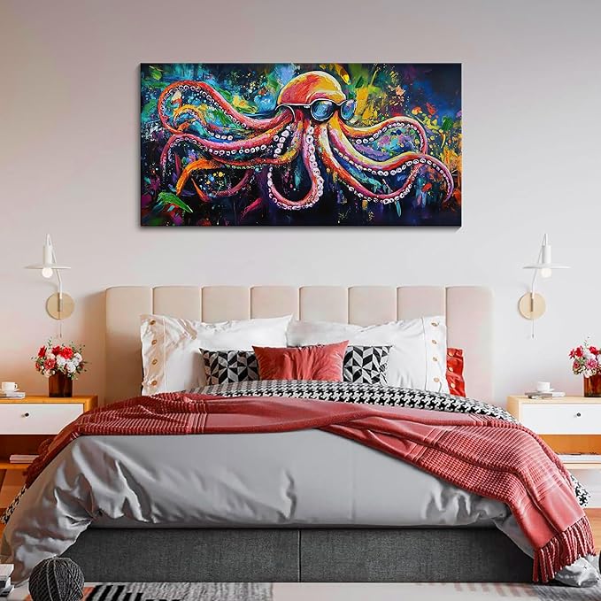 JEAWA Octopus Canvas Wall Art, Abstract Marine Life Modern Graffiti Texture Wall Painting for Living Room Bathroom Bedroom Men Teenage Boy Room Game Room Cool Posters Pictures Decor 20x40 IN