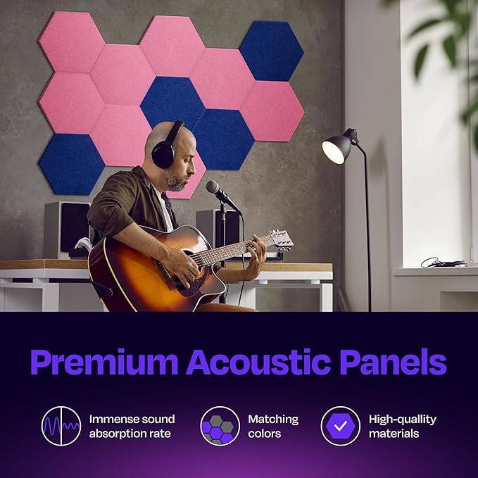 Acoustic Panels 12-Pack Soundproof Wall Panels 14"X12.1"X0.4" Sound Panels High Density Sound Dampening Panels - [Chic Pink Hexagon]
