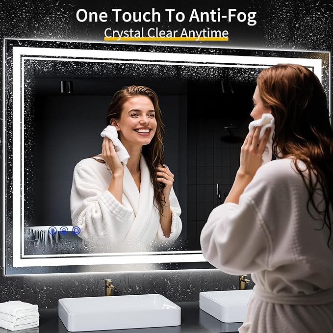 48"x36" LED Bathroom Mirror with Anti-Fog, Stepless Dimmable Lights, 3 Color Modes, Shatter-Proof Tempered Glass, Memory Function & Waterproof Design