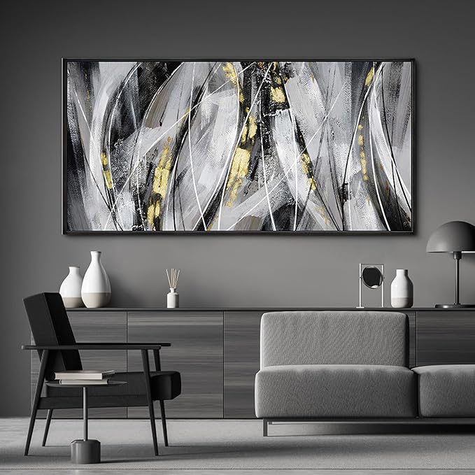 KLAKLA Abstract Frame Wall Art - Black and White Picture for Living Room Black and Gold Framed Artwork Canvas Art Work for Office Home Decor Bedroom Wall Decoration - 58x29 Inches