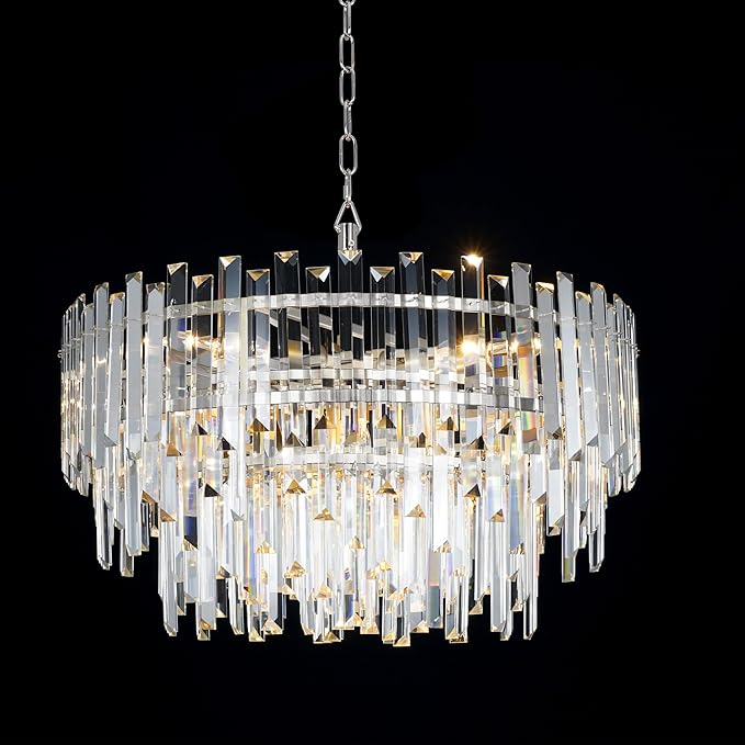 24" Modern Crystal Chandelier, 3-Tier Chrome Pendant Light with 8 Lights, Luxury K9 Crystal Ceiling Fixture for Dining Room Living Room Foyer