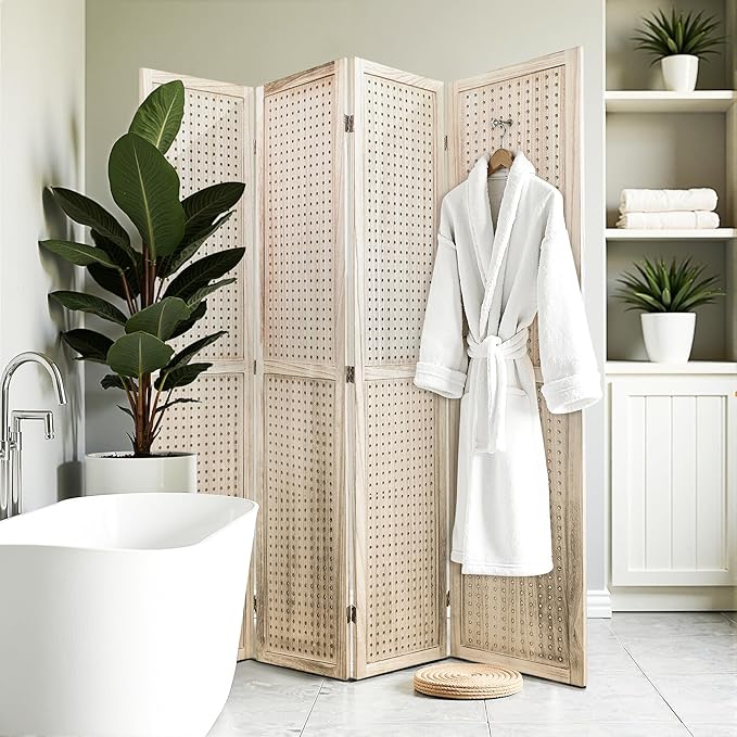 2 PCS Room Dividers 4 Panel Pegboard Display 5.6FT Wood PegBoard Room Divider,Folding Privacy Screens Portable Freestanding Partition Wall Divider for Art Shows & Room Separation, Natural Wood