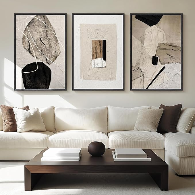 Large Framed Neutral Abstract Wall Art for Living Room, 3 Piece Modern Canvas Prints Paintings Artwork for Walls, Black and Beige Pictures for Living Room Hallway Stair Office Wall Decor 24x36 Inch