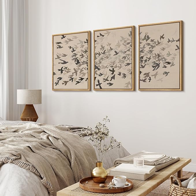 MUDECOR Framed Wall Art Print Set Minimalist Subtle Birds in Motion Illustrations Modern Art Boho Decorative Colorful Chic for Living Room, Bedroom, Office - 24"x36"x3 Natural
