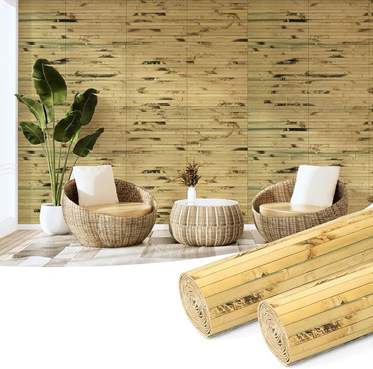 Art3d Natural Bamboo Wall Panel for Interior Wall Decor, Renewable Pole Wrap Wainscoting Paneling for Wall Ceiling Furniture Cabinet Office, 12 x 96 Inch, 2-Pack - Light Burned