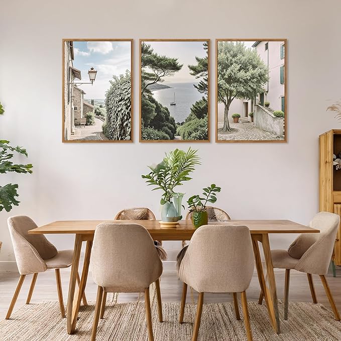 Aurlan Neutral Italy Cityscape Gallery Framed Wall Art(24"x36"), 3PCS Vintage Mediterranean Countryside Landscape Canvas Artwork, Large Town Coast Streets Travel Decor Prints for Office Home