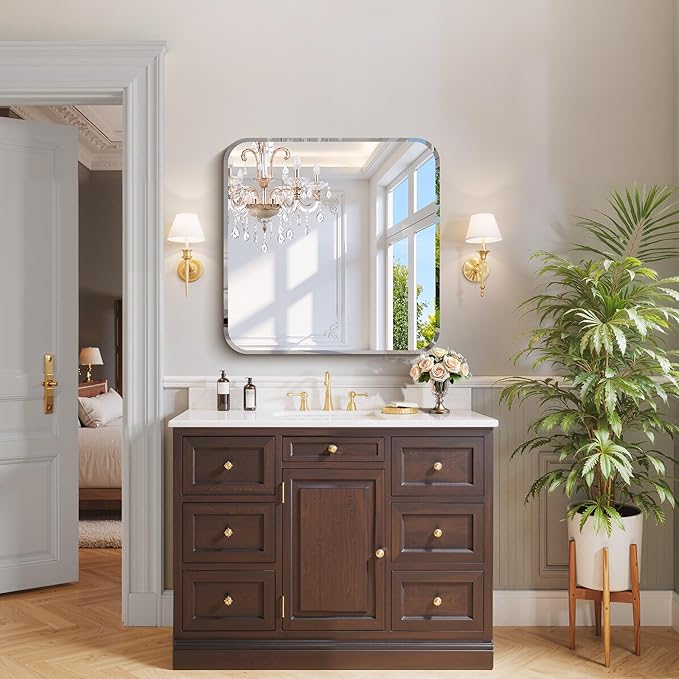 Beveled Mirror 30"x30", Square Frameless Bathroom Mirror Rounded Corner, Framless Vanity Mirror Shatterproof Tempered Glass Lightweight Design for Bedroom Living Room Entryway