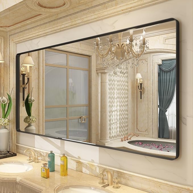 60x30 Black Framed Bathroom Mirror for Wall, Black Metal Bathroom Vanity Mirror, Modern Rectangle Mirror, Rounded Corner, Shatterproof, Anti-Rust (Horizontal/Vertical)