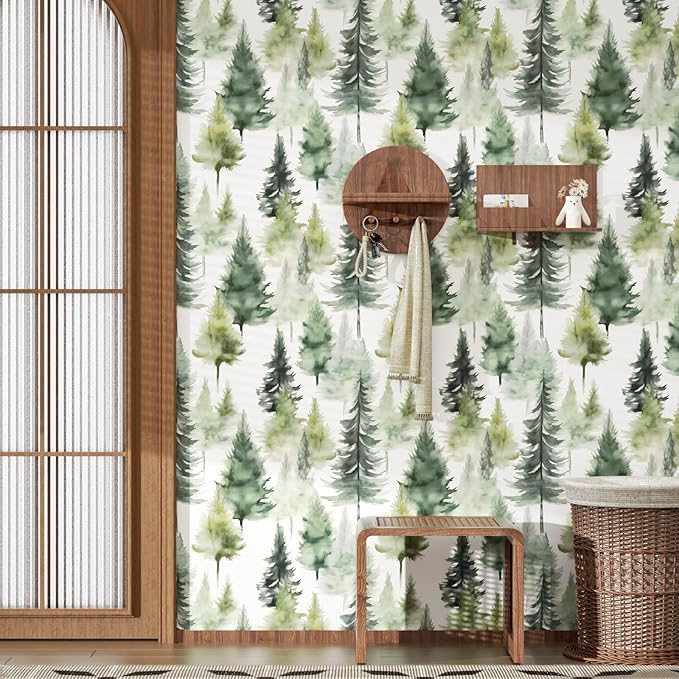 Misty Forest Wallpaper Peel and Stick Foggy Green/Yellow Pine Trees Contact Paper 17.4" x 393" Waterproof Self-Adhesive Woodland Wall Paper for Bedroom Countertop Desk Cabinets Decor Renter Friendly