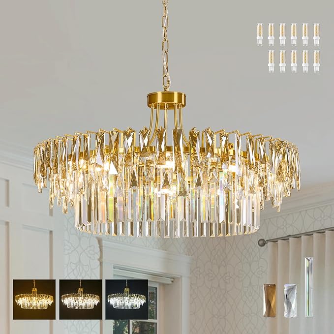 Modern Large Round Crystal Chandelier - 31.5'' Gold Luxury K9 Crystals Chandeliers for Dining room,Contemporary 3 Tier Raindrop Chandelier for Living room Bedroom Foyer Kitchen (Include light bulb)