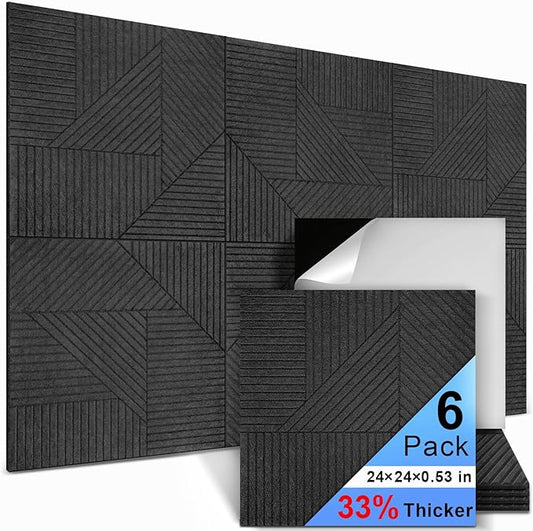 6 Pack Acoustic Wall Panels Self-Adhesive, 23.6" X 23.6" X 0.5" Decorative Acoustic Panels, Soundproof Wall Panels for Studio, Home & Living Room, Polyester - Grille Black