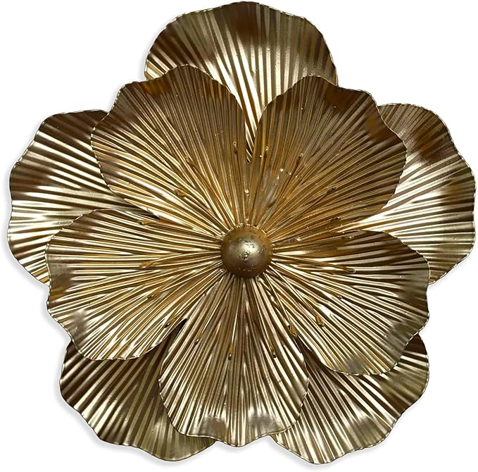 Metal Flower Wall Art Decor, 9" Rustic Modern Floral Sculpture, Distressed Iron Wall Hanging Home Decoration Accent Artworks for Indoor Kitchen Bedroom Living Office Outdoor Garden Patio (35A-Gold)