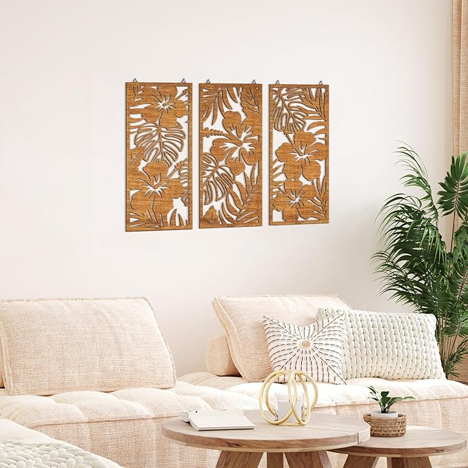 3 Pcs Tropical Wall Decor 3d Wooden Palm Leaf Wall Art Monstera Sculptures Wood Hibiscus Flowers Hanging Decor Vintage Plant Plaque for Home Bathroom 7.09 x 15.75 Inch(Classic Style)