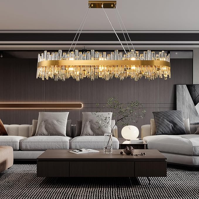 Modern Crystal Chandeliers, Luxury Gold Rectangle Light Fixture, 2-Tier Rectangular Brass Raindrop Chandelier for Dining Room, Oval Pendant Ceiling Light for Kitchen Island, L52''