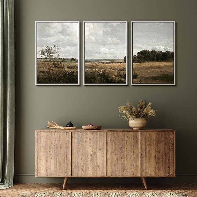 MUDECOR Framed Canvas Print Wall Art Rustic Fields Tranquil Countryside Landscape Nature Wilderness Illustrations Realism Decorative Panoramic Earth for Living Room, Bedroom, Office - 16"x24"x3 White