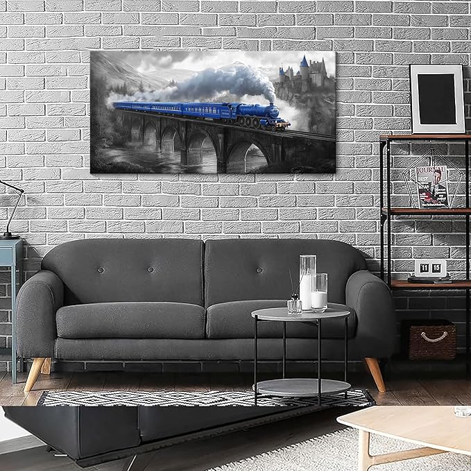 JEAWA Canvas Prints Wall Art - Blue Gray Canvas Painting, Train Artwork Print for Bedroom Bathroom Dining Room Home Office Decor, Great Bridge and Castle Picture, 20 x 40 In