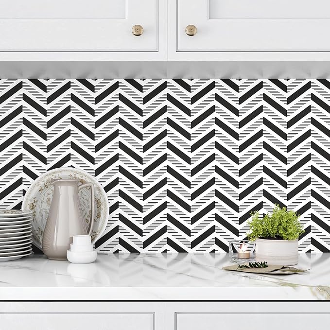 Black and White Peel and Stick Wallpaper Herringbone Geometric Wallpaper Modern Boho Geometric Contact Paper Self Adhesive for Bedroom Living Room Accent Wall Cabinets Drawers 17.5" x120"