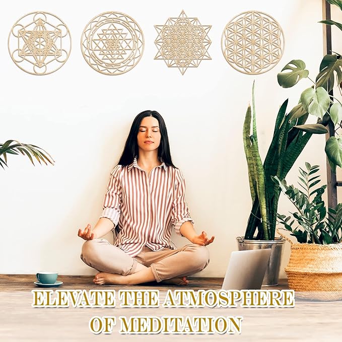 Leinuosen 4 Pcs 12 Inch Crystal Grid Board Sacred Geometric Wall Art Set Metatron Cube, Flower of Life, Sri Yantra, 64 Star Tetrahedron Pagan Decor Home Wall Decor for Room (Wood Color)