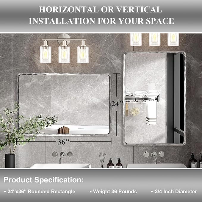 ANDY STAR Hand-Forged Silver Bathroom Mirror for Wall, 24x36 Inch Vintage Solid Steel Metal Frame Bathroom Vanity Mirror, Antique Rounded Rectangle Wall Mirror, Hangs Horizontally or Vertically