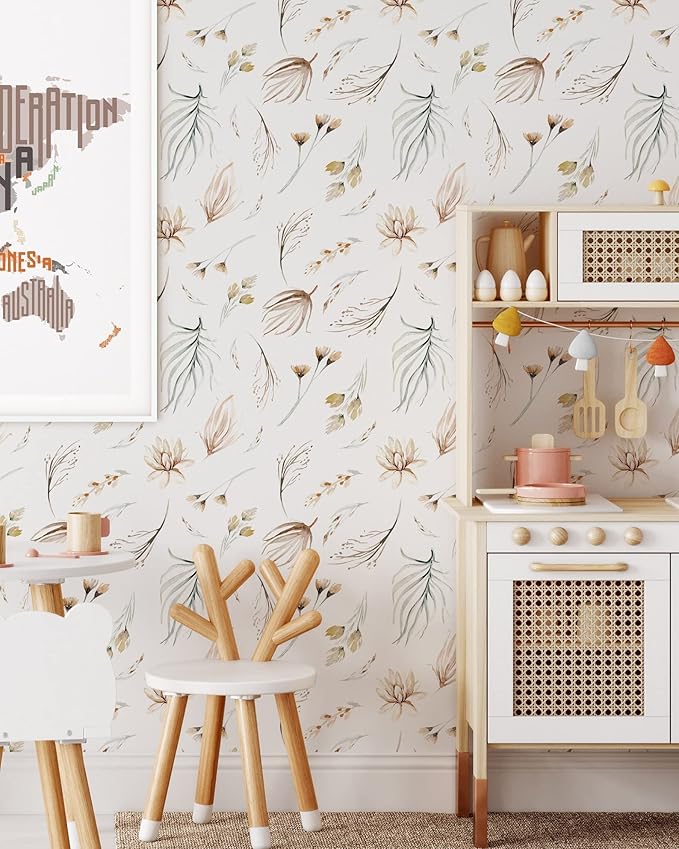 Modern Botanical Wallpaper | Removable Self Adhesive Watercolor Wallpaper | Neutral Floral Peel and Stick (1 roll 24" W x 120" H)