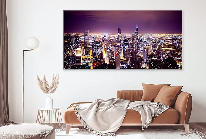 NAN Wind Large Modern City Chicago Skyline Pictures Cityscape Canvas Wall Art for Bedroom Downtown Poster Office Dining Room Wall Decor Wood Framed Night Scene Prints Paintings for Home Decorations