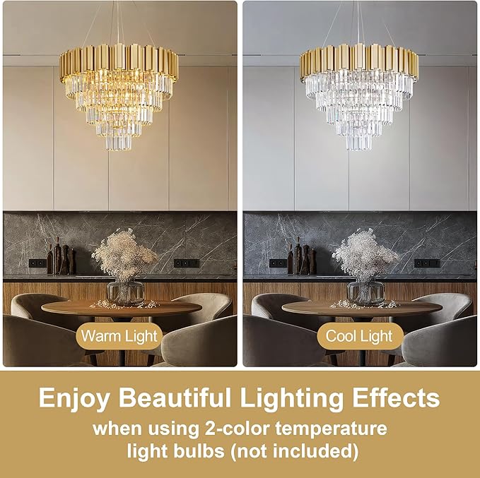 5-Tier 27.5" Modern Crystal Chandelier, 9-Light Gold Chandelier, Luxury Round K9 Crystal Chandeliers Pendant Light Fixture for Dining Room, Living Room, Bedroom, Foyer, Entryway, Kitchen, Restaurant