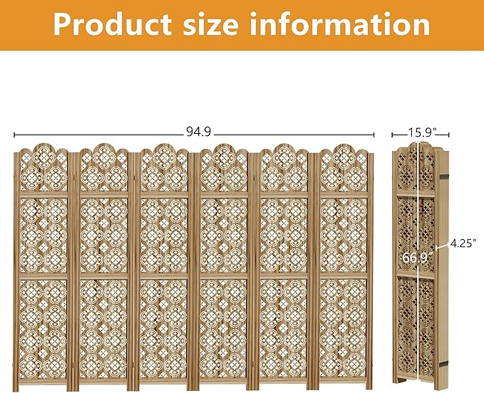 Casaphoria 6 Panels Room Divider, Folding Screen Room Divider with Copper Coin Pattern for Home Office, Restaurant and Bedroom, Paulownia Wood, 95" W x 67" H (Natural)