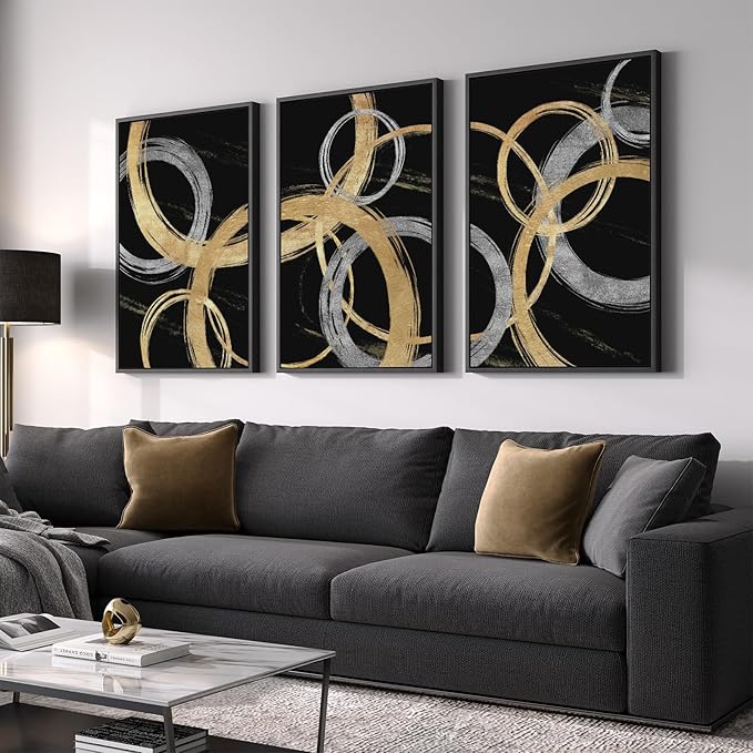 Large Framed Black and Gold Abstract Canvas Wall Art for Living Room, 3 Piece Modern Prints Paintings Artwork for Walls, Gold Silver Abstract Circle for Hallway Dining Office Wall Decor 24x36 Inch