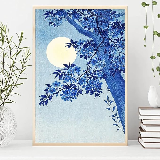 OZCONO Japanese Moon and Cherry Blossom Art Print, UV-Resistant Giclée Print, Unframed Wall Decor (40L x 27W)