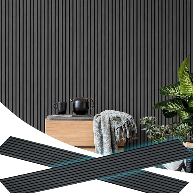 2 Piece Wood Slat Acoustic Panels for Stylish Decor and Noise Reduction, 3D Textured Panel for Ceiling and Wall - Black Oak (94.5 L x 12.6 W in)