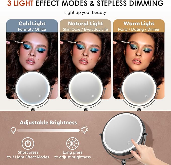 9" Wall Mounted Lighted Makeup Mirror,4000mAh Rechargeable Double Sided 1X/20X Magnifying Mirror with Light,Touch Dimmable,Extended Arm 360 Rotation Wall Mounted Makeup Mirror 3 Color Lights-B