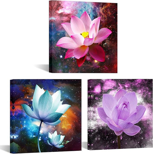 Biuteawal 3 Panels Flowers Wall Art Blooming Lotus Water Lily Picture Elegant Pink Blue Purple Floral Painting Canvas Print Framed Modern Home Bedroom Living Room Decor Ready to Hang