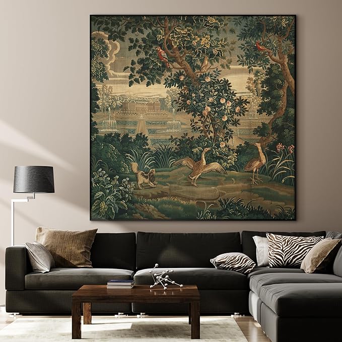 46"x46" XL Framed Wall Art - Ornate Botanical Garden Scene with Birds (Frame Assembly Required)