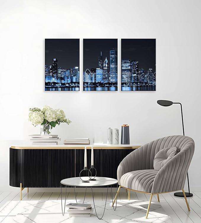 NAN Wind Chicago City Center Skyline Canvas Prints Modern Office Decor Chicago Skyline Canvas Art Cityscape Wall Decorations Blue Wall Decor for Living Room Pictures for Bedroom Decorations