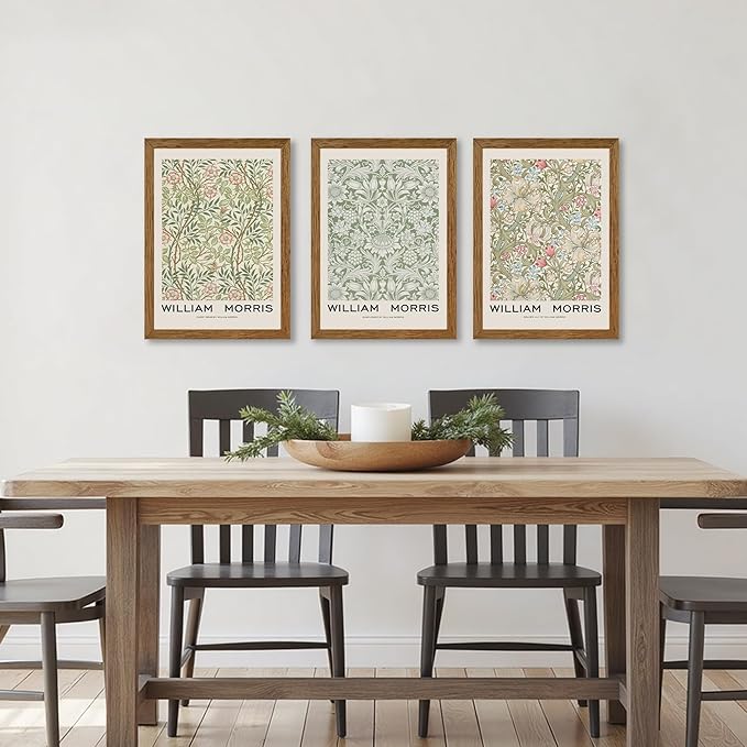 JLTULT 3 Piece Wood Frames Vintage Floral Canvas Wall Art, William Morris Flower Pattern Wall Decor, Nature Botanical Picture Artwork Prints for Living Room Bedroom Office 12x16 inch Easy to hang