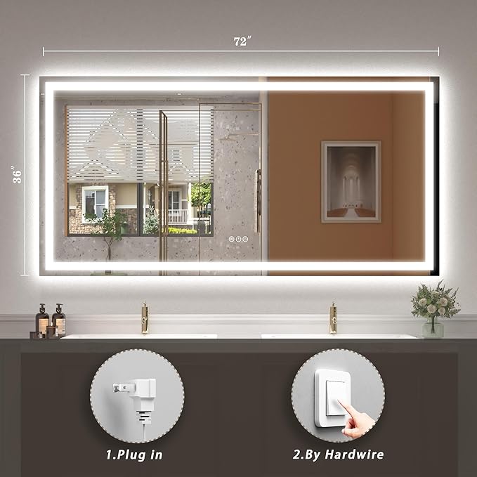 Led Lighted Mirror for Bathroom Wall 72X36, Large Vanity Mirror with Lights, Dimmable, Anti-Fog, ETL Listed (Front lit and Backlit)