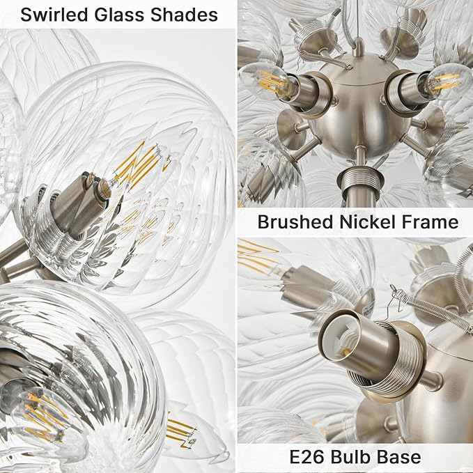Modern Nickel Glass Bubble Chandelier: 18.5" Nordic Swirled Glass Bubble Light Chandelier - Globe Ball Dining Room Light Fixture Chandeliers for Entryway Foyer Bedroom Bathroom Kitchen Living Room