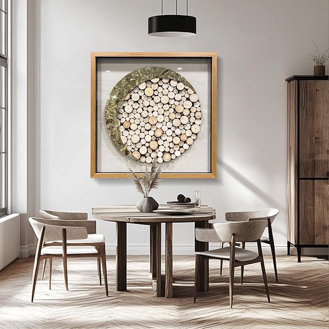 BrightA 3D Square Framed Nature Art - Gold Patina Metal Meets Circular Solid Wood Block Texture, Minimalist Contrast Wall Decor for Calming Spaces 31.5"x31.5"