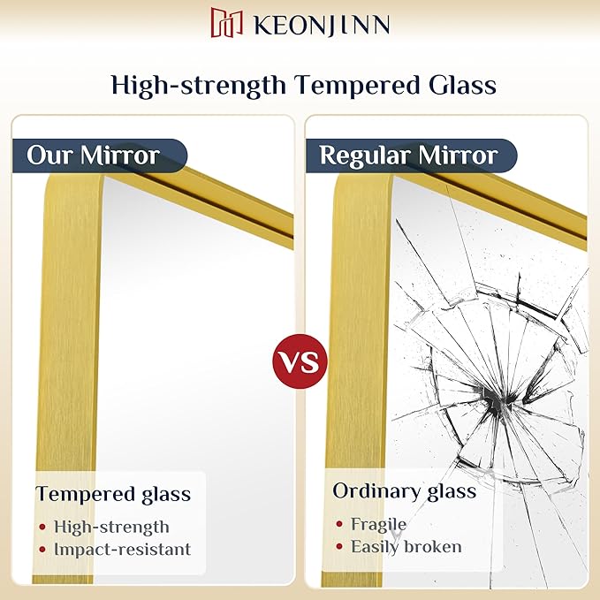 Keonjinn Gold Bathroom Mirrors for Over Sink 24 x 36 Inch Brushed Brass Metal Framed Mirror, Rounded Rectangle Bathroom Vanity Mirror, HD Tempered Glass Modern Mirror for Wall(Horizontal/Vertical)
