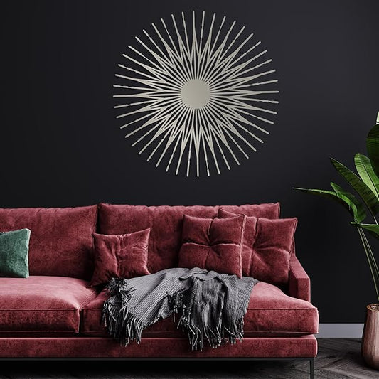 NEODECO Single Sun Metal Wall Art, Geometric Sun Decor, Metallic colors, Large 3D wall sculpture, model A (Silver, Large)