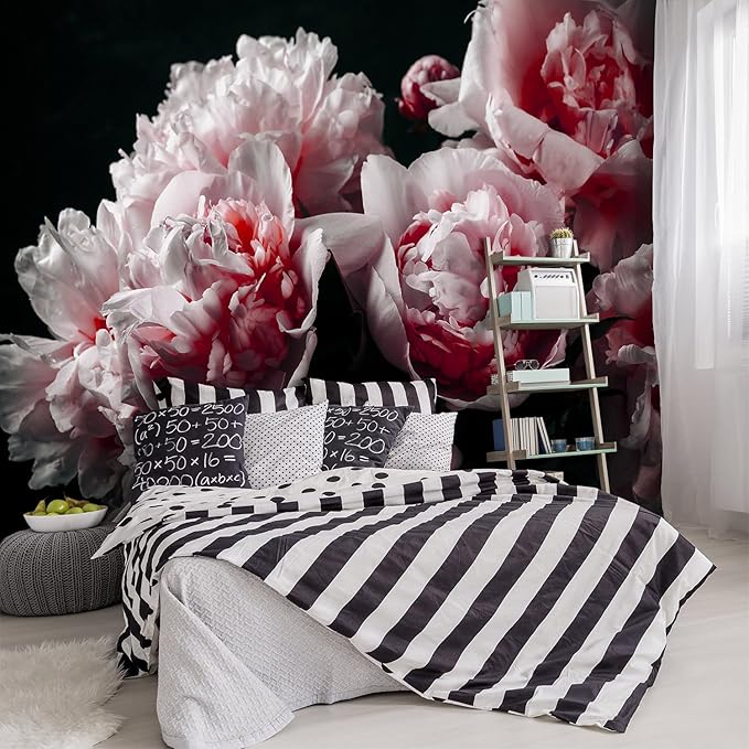 Black Peony Pink Floral Living Room Fabric Wallpaper Bedroom Bathroom Dark Flowers Large Wall Mural- 160"x108"（ not Peel and Stick）
