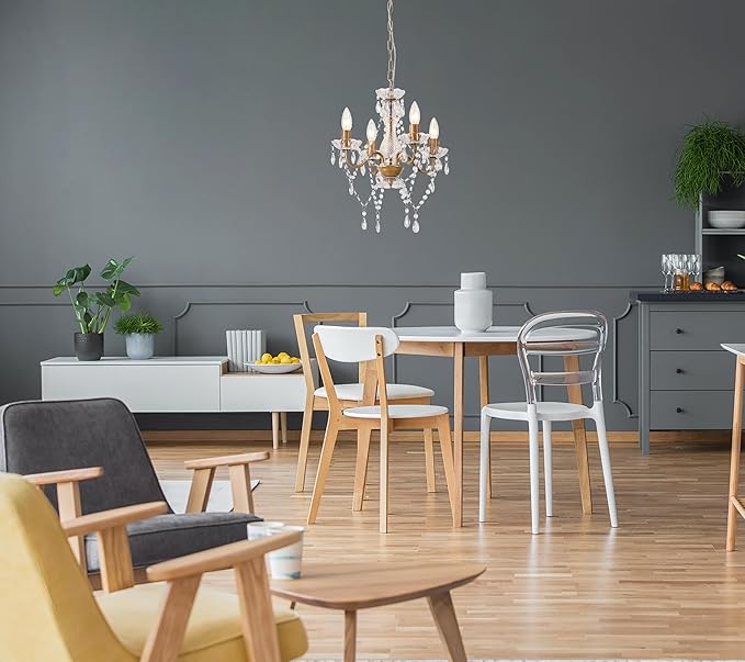 LaLuLa Wood Color Chandelier Mini Crystal Chandeliers Lighting with Acrylic Crystals 4 Lights Antique Farmhouse Light Fixtures for Dining Room