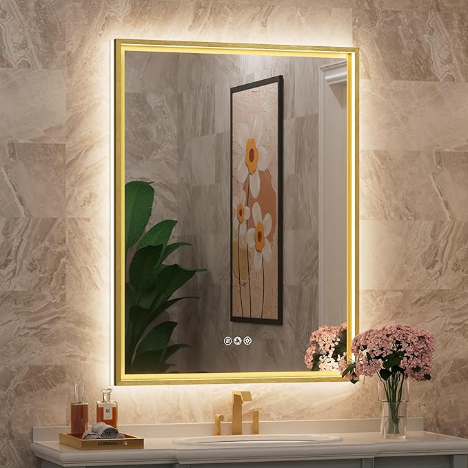 24x32 Inch Gold LED Bathroom Mirror with Front & Back Lights, Adjustable 3000K/4500K/6000K, Wall Mounted Framed Lighted Bathroom Vanity Mirror, Dimmable, Anti-Fog, Horizontal/Vertical