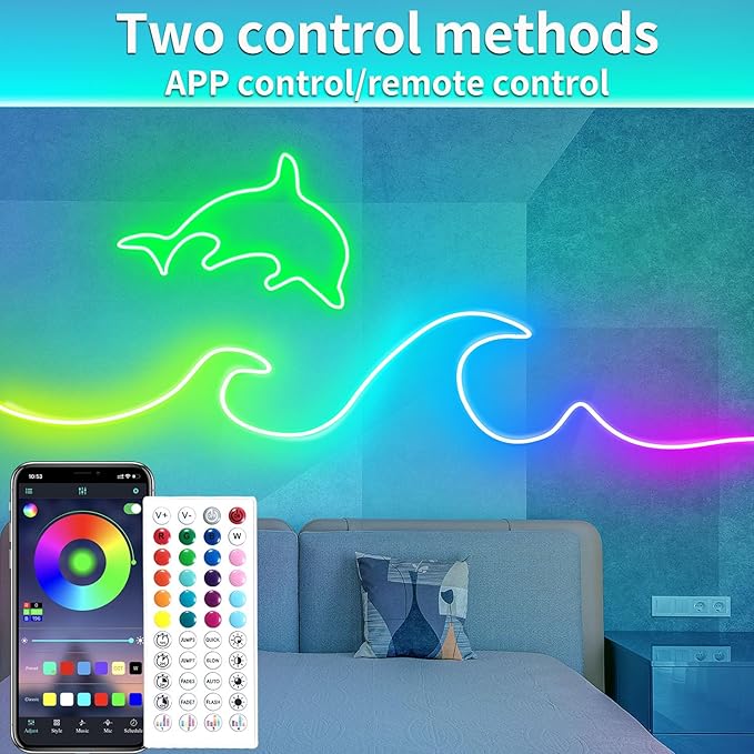 50Ft Led neon Rope Lights Music Sync IP65 Waterproof Flexible Led Rope Lights 40Key Remote/APP Control,Outdoor RGB Neon Lights, DIY Wall Decor Led Neon Strip Lights for Bedroom Indoor.
