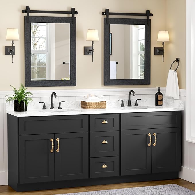 Bathroom Mirror for Over Sink 18”x24” Farmhouse Barn Door Mirror Rustic Wood Framed Wall Mirror for Bathroom, Bedroom, Entryway (Black